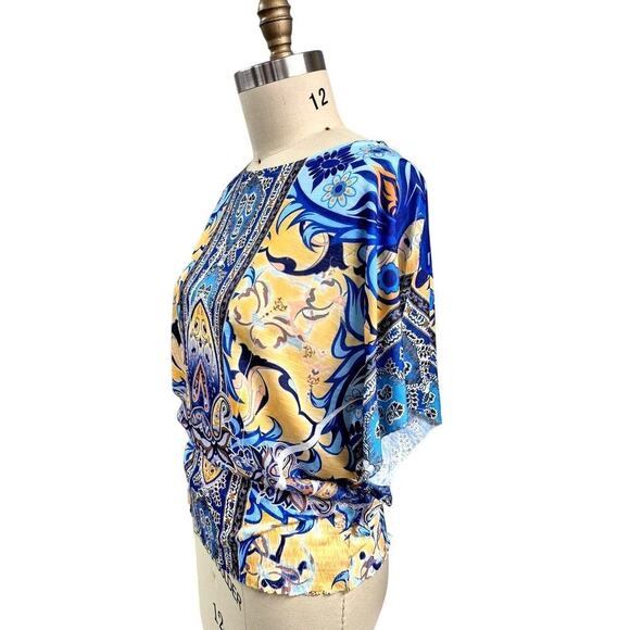 80s Energe world wear 100% Polyester Top Blue/Yellow Wide Waistband Sz L - Picture 2 of 4